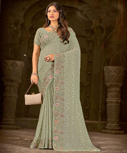 Beautiful Georgette Sequence Work With Zari Embroidery Border Work Saree