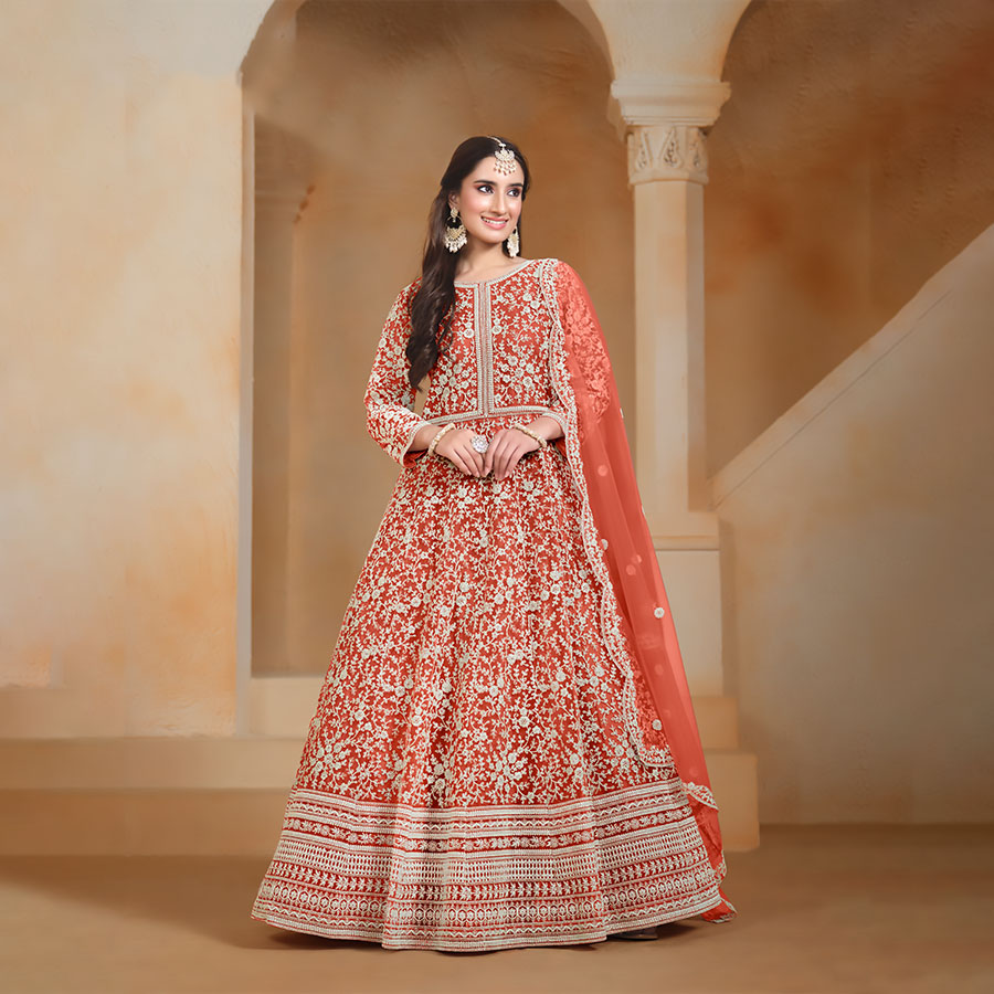 Orange NET Anarkali Suit