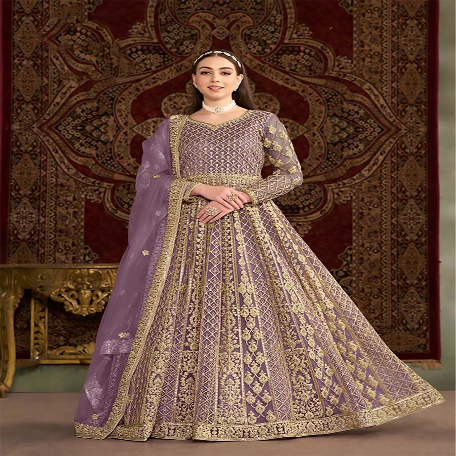 Purple Net Anarkali Suit