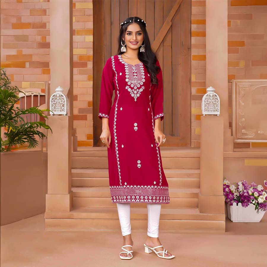 Red  Roman Silk Printed Kurti