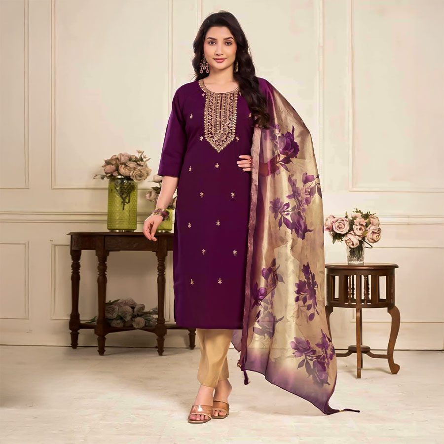 Purple  Roman Silk  Casual Wear Salwar Kameez
