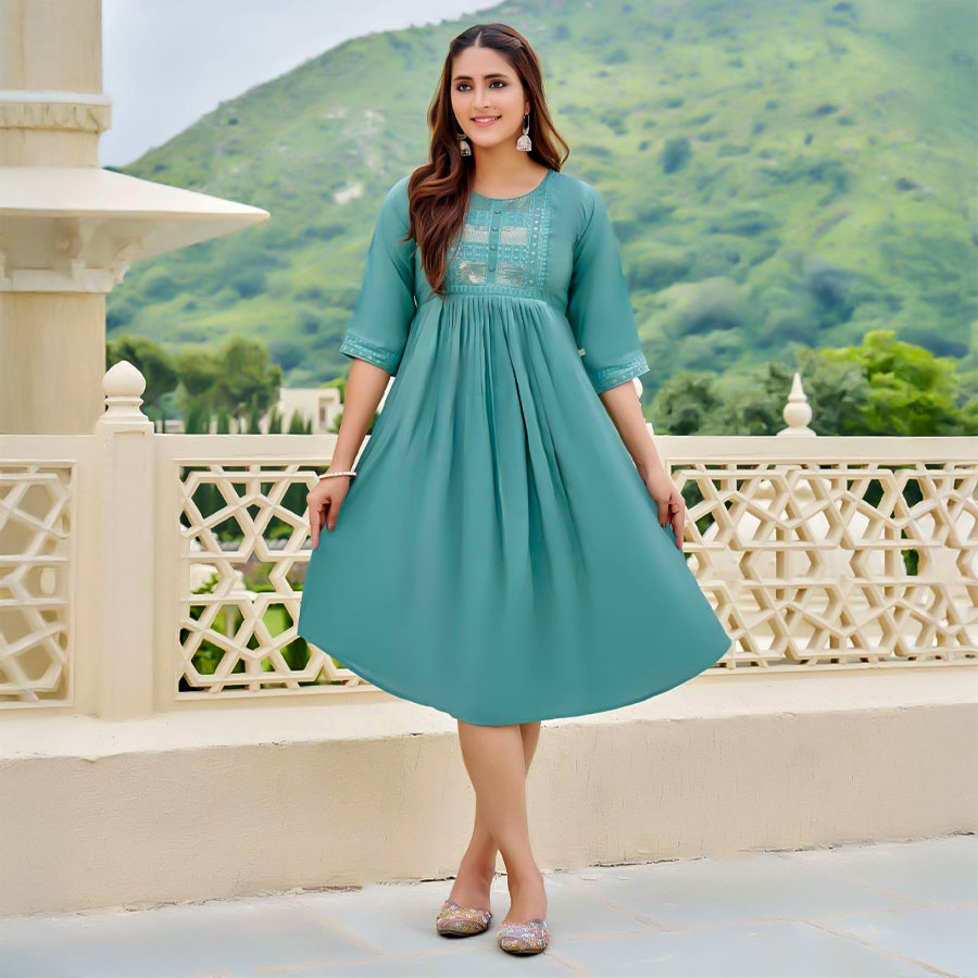 Green  Roman Shimmer Casual Wear Kurti