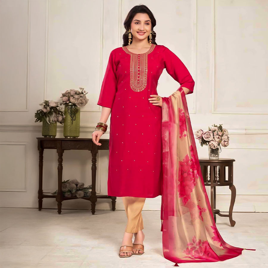 Red Roman Silk  Casual Wear Salwar Kameez
