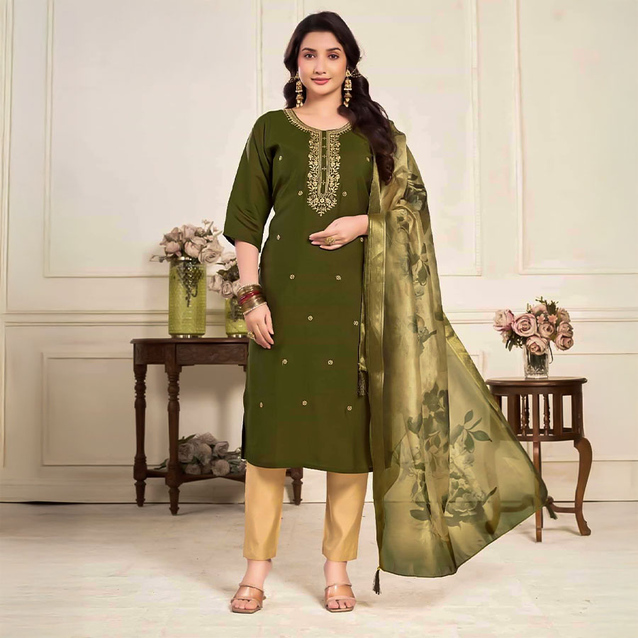 Green  Roman Silk  Casual Wear Salwar Kameez