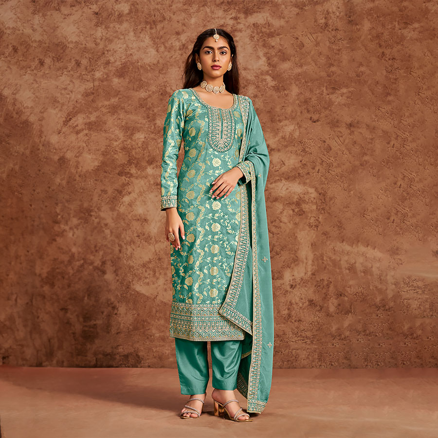 Sky Blue Silk Casual Wear Salwaar Kameez