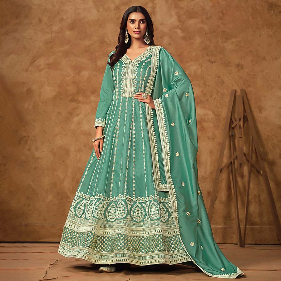 Cyan Dola Silk Designer Gown