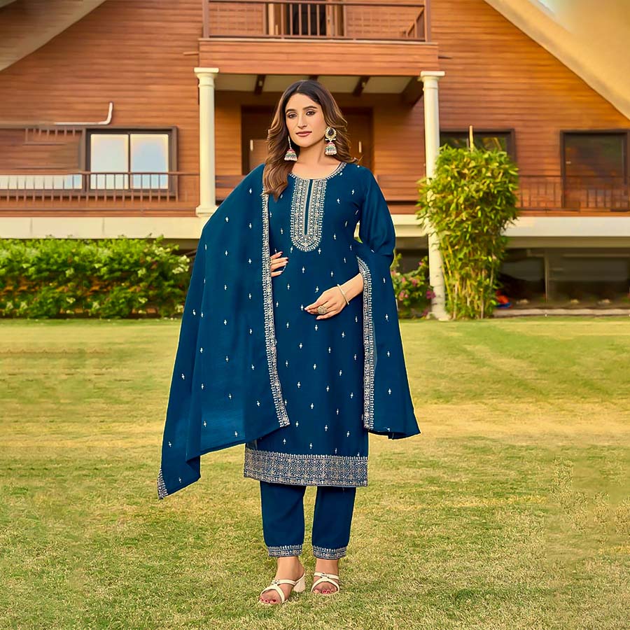 Blue Vichitra Silk Casual Wear Kurti