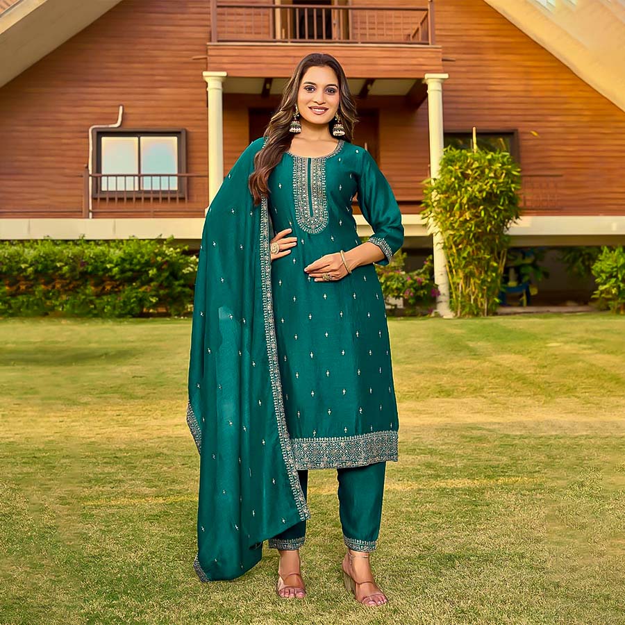 Green Vichitra Silk Casual Wear Kurti