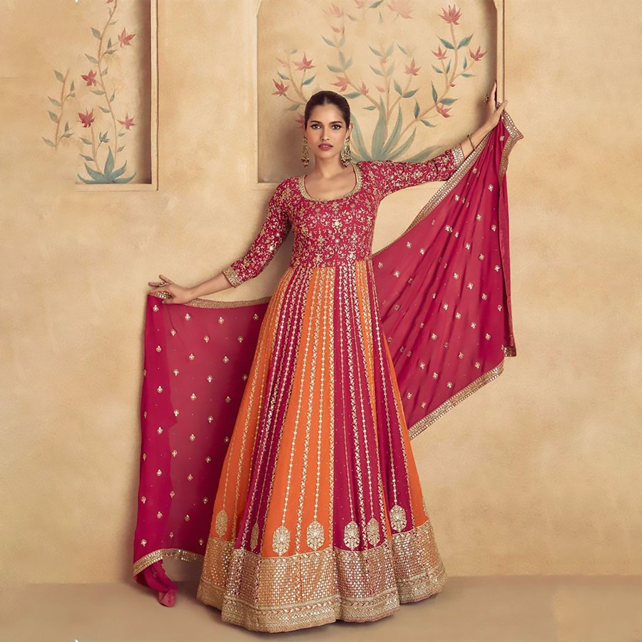 Pink & orange Georgette Designer Suit