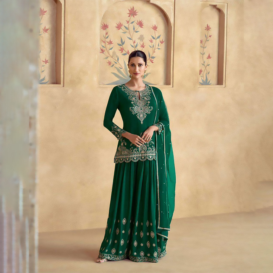 Green Chinon silk Partywear Suit