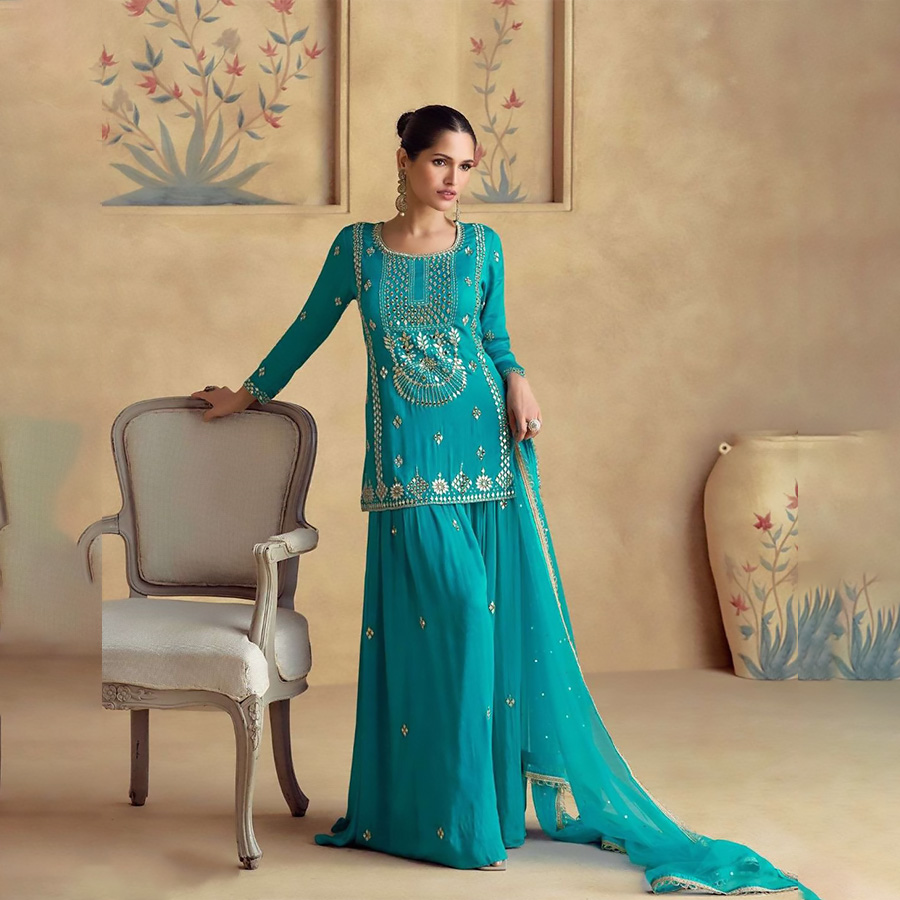 Blue Chinon silk Partywear Suit