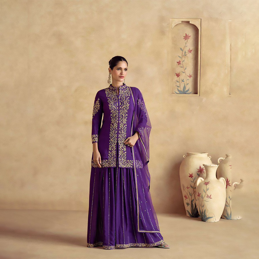 Purple Chinon silk Partywear Suit