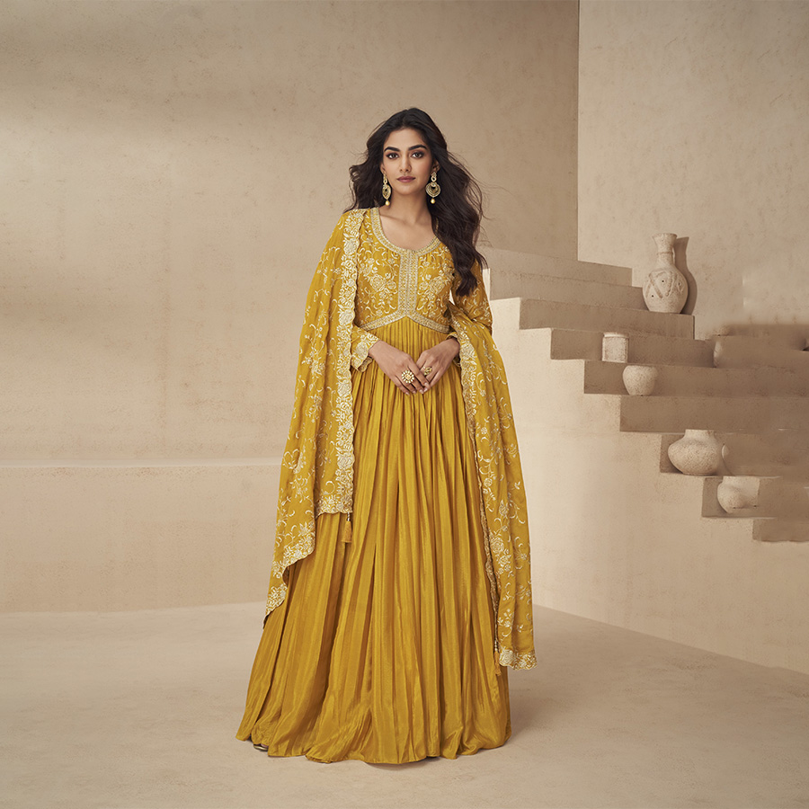 Yellow CHINON SILK Anarkali Suit