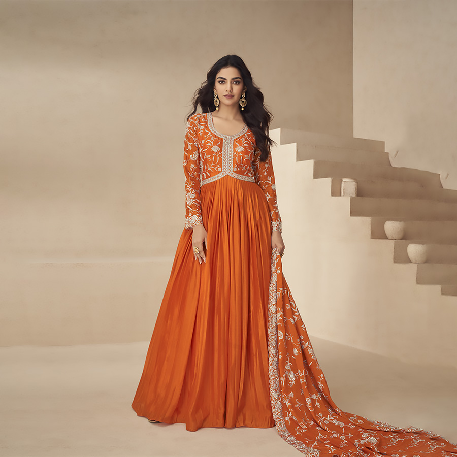 Orange CHINON SILK Anarkali Suit