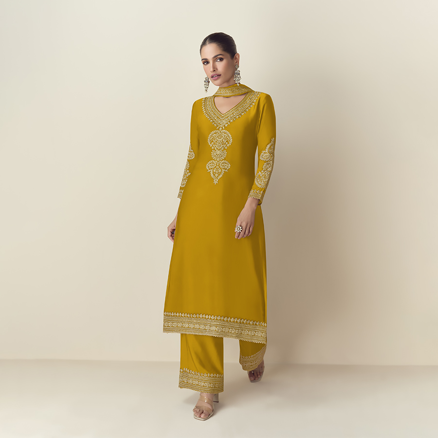 Yellow Chinon silk Partywear Suit