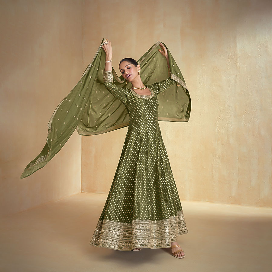 Olive Green Organza Designer Salwar Kameez