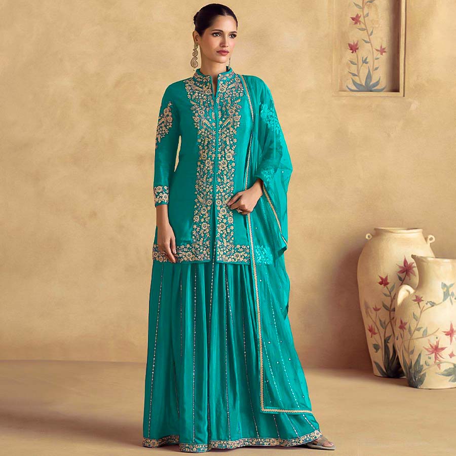 Sky Blue Chinon Silk Party Wear Salwar Kameez