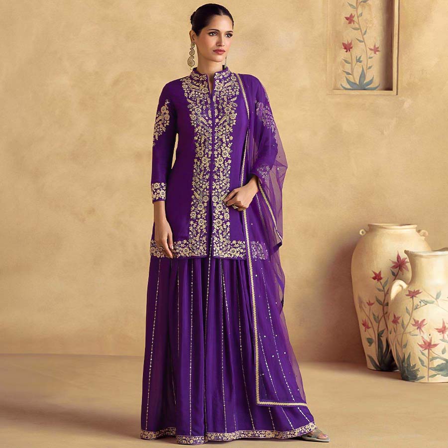 Violet Chinon Silk Party Wear Salwar Kameez