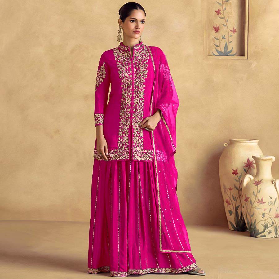 Magenta Chinon Silk Party Wear Salwar Kameez