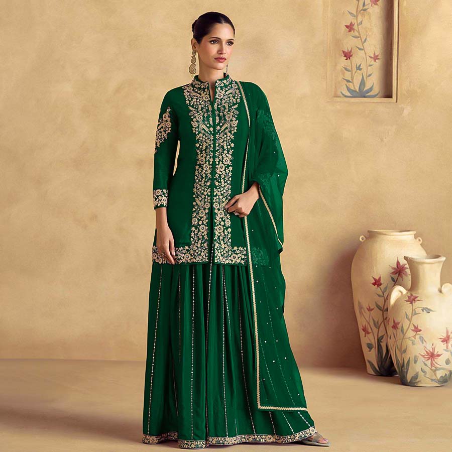 Green Chinon Silk Party Wear Salwar Kameez