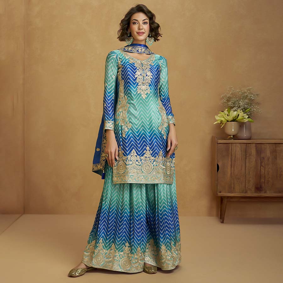 Blue  Chinon Silk Party Wear Salwar Kameez