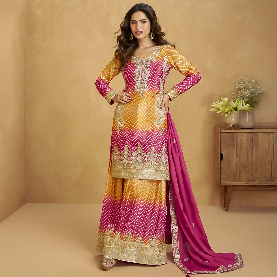 Yellow Chinon Silk Party Wear Salwar Kameez