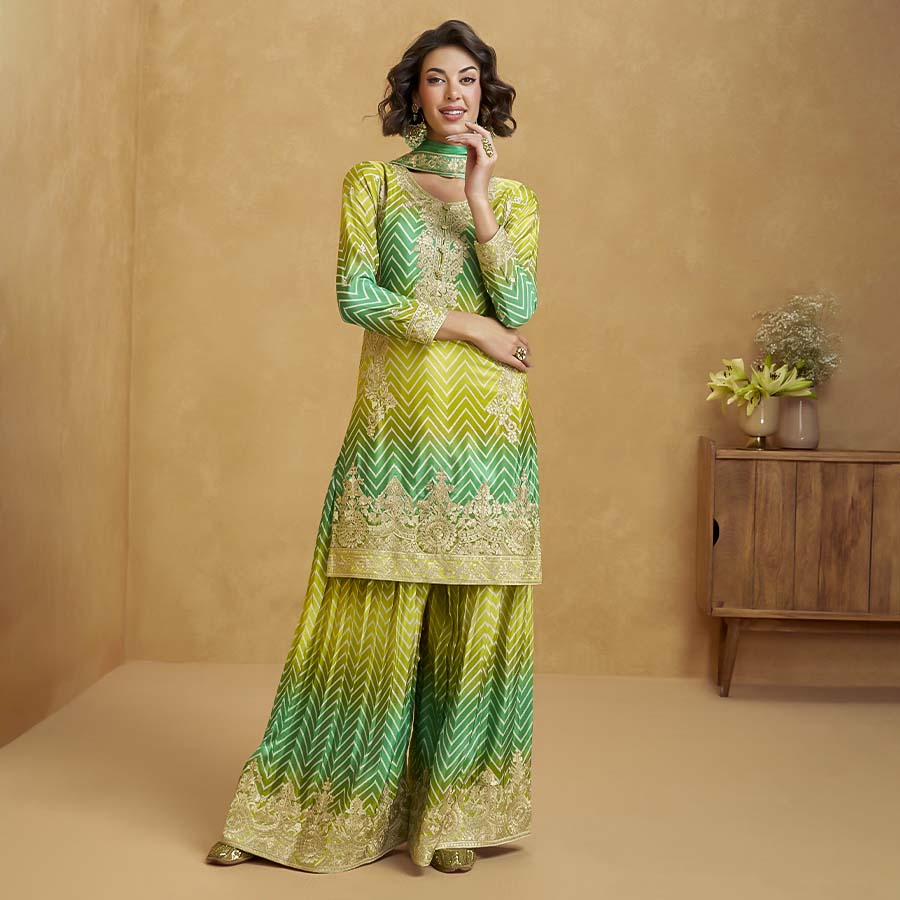 Green Chinon Silk Party Wear Salwar Kameez