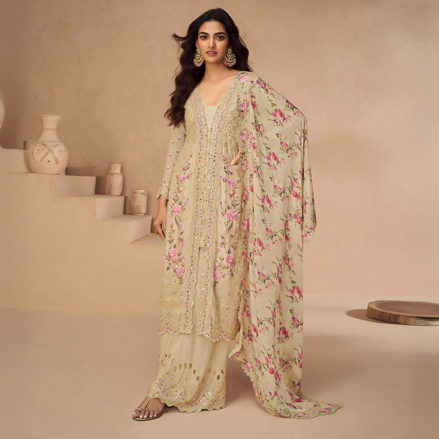Yellow  Chinon Silk Designer Salwar Kameez