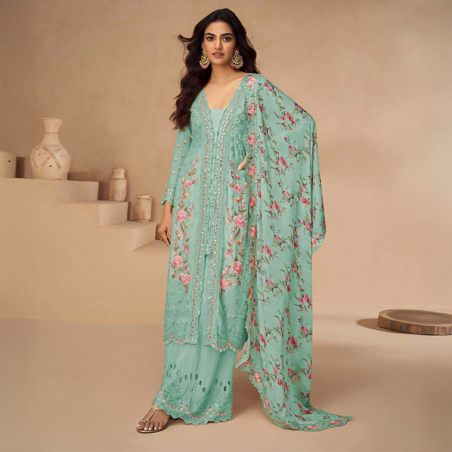 Cyan Chinon Silk Designer Salwar Kameez