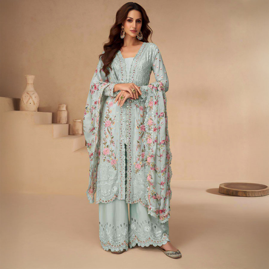 Grey  Chinon Silk Designer Salwar Kameez
