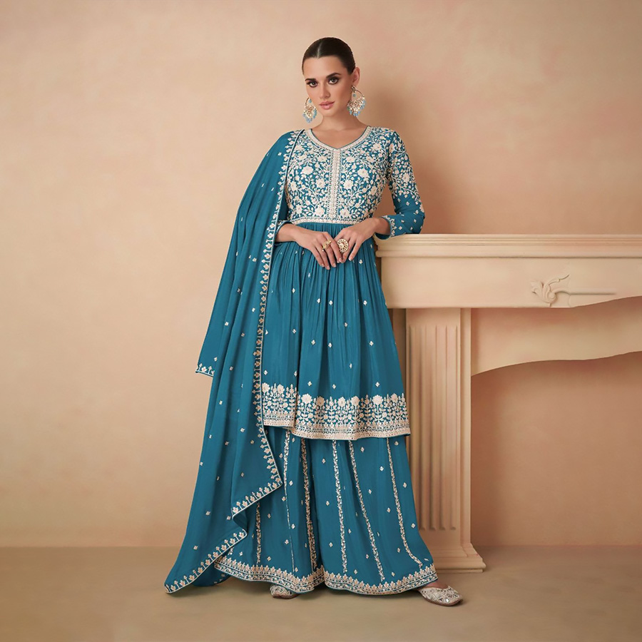 Blue Chinon silk Partywear Suit