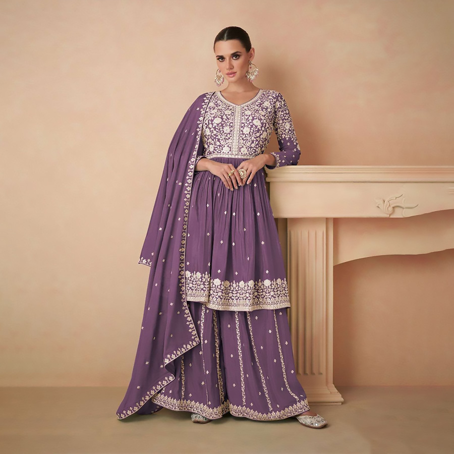 Purple Chinon silk Partywear Suit