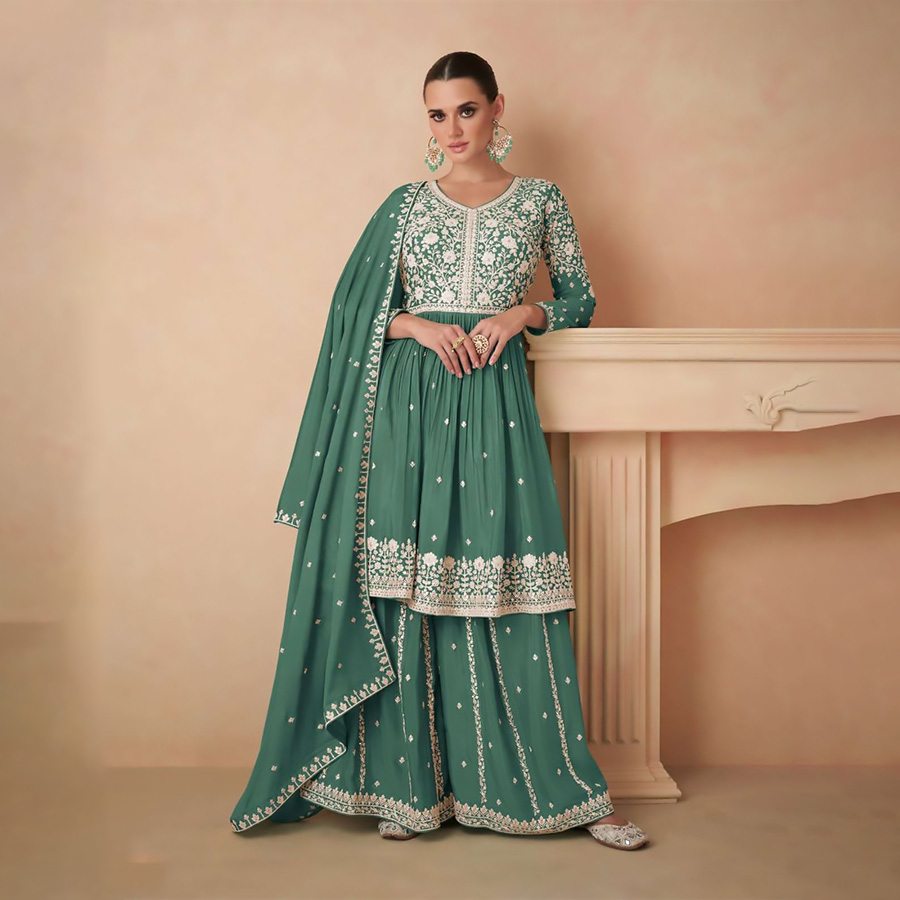 Green Chinon silk Partywear Suit