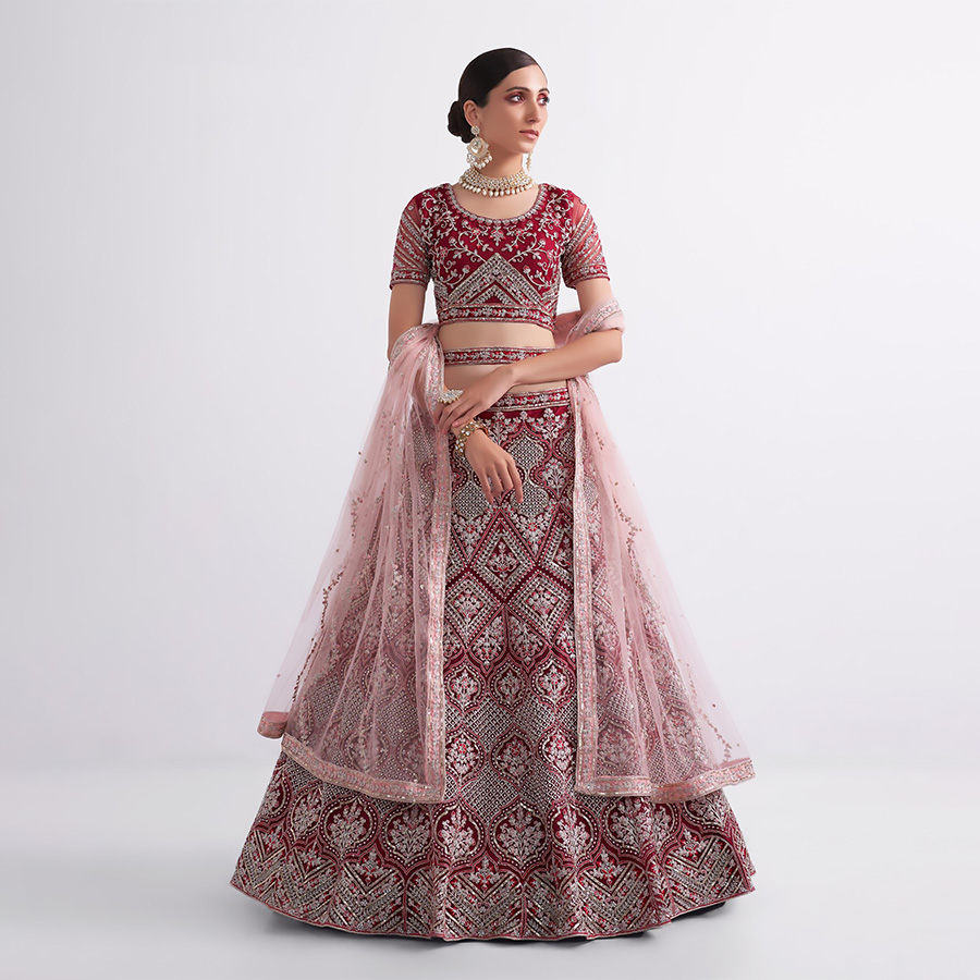 Maroon Net Designer Lehenga