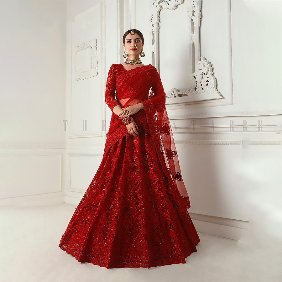 Red Net Designer Lehenga