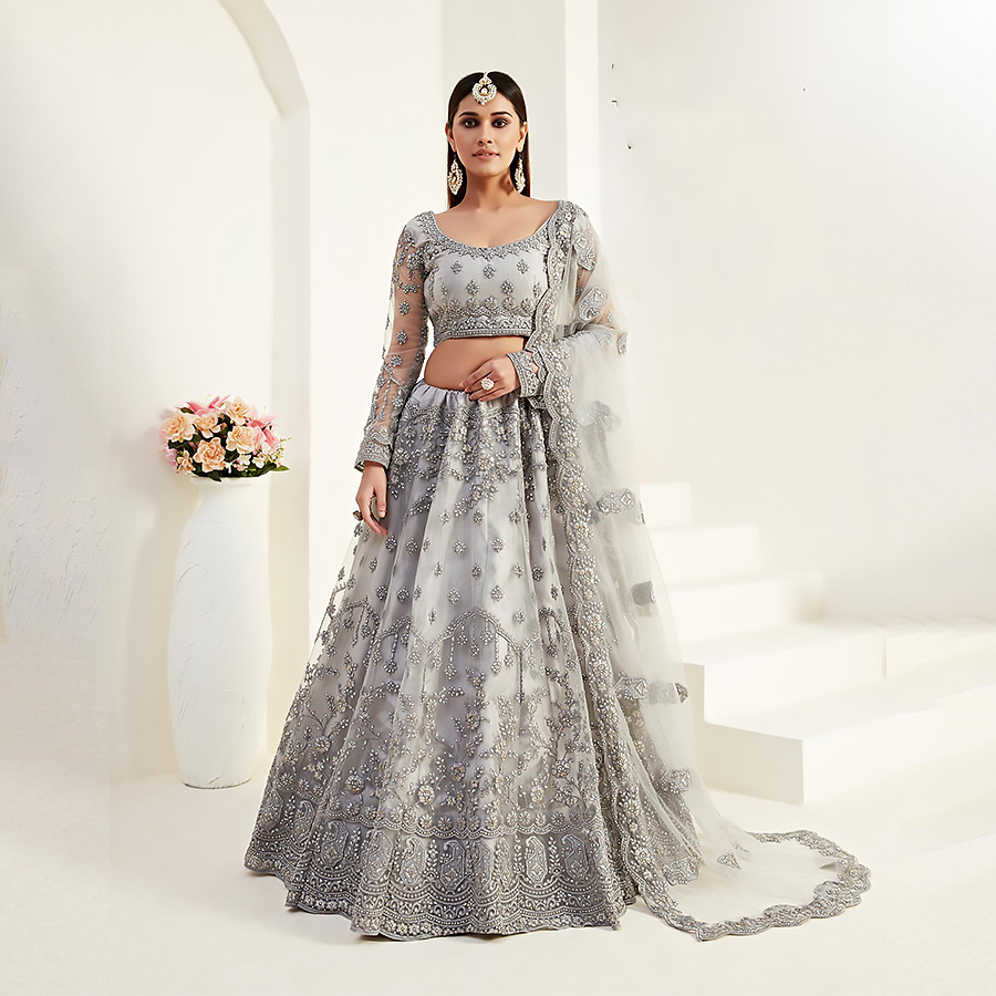 Grey Net Designer Lehenga