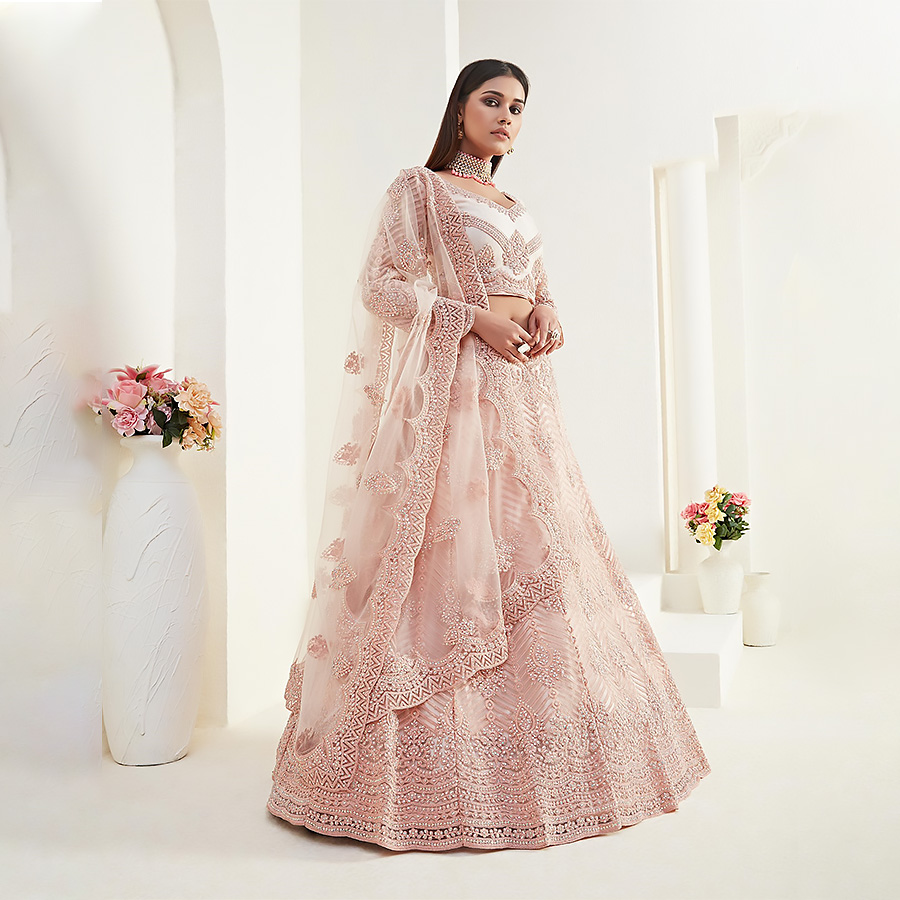 Peach Net Designer Lehenga