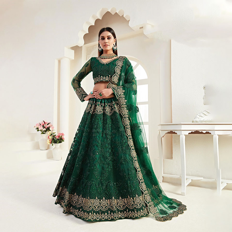 Green Net Designer Lehenga