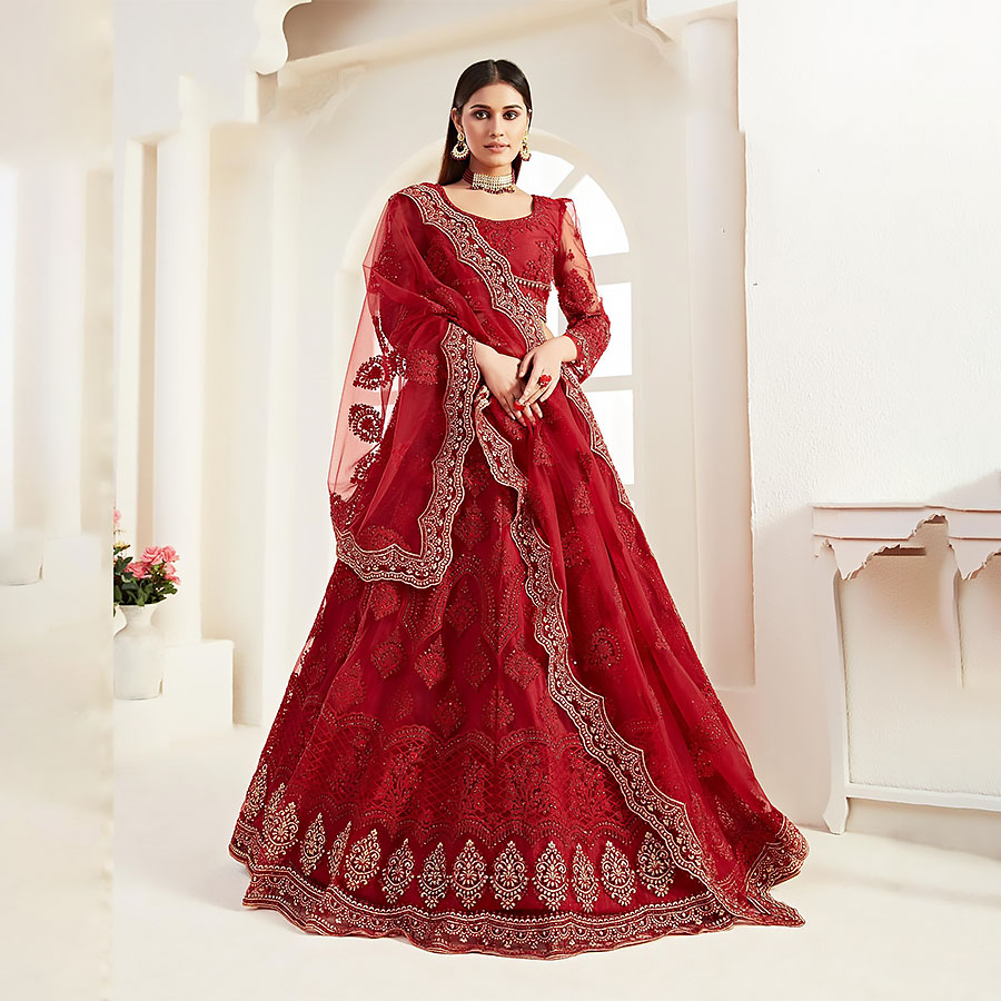 Red Net Designer Lehenga