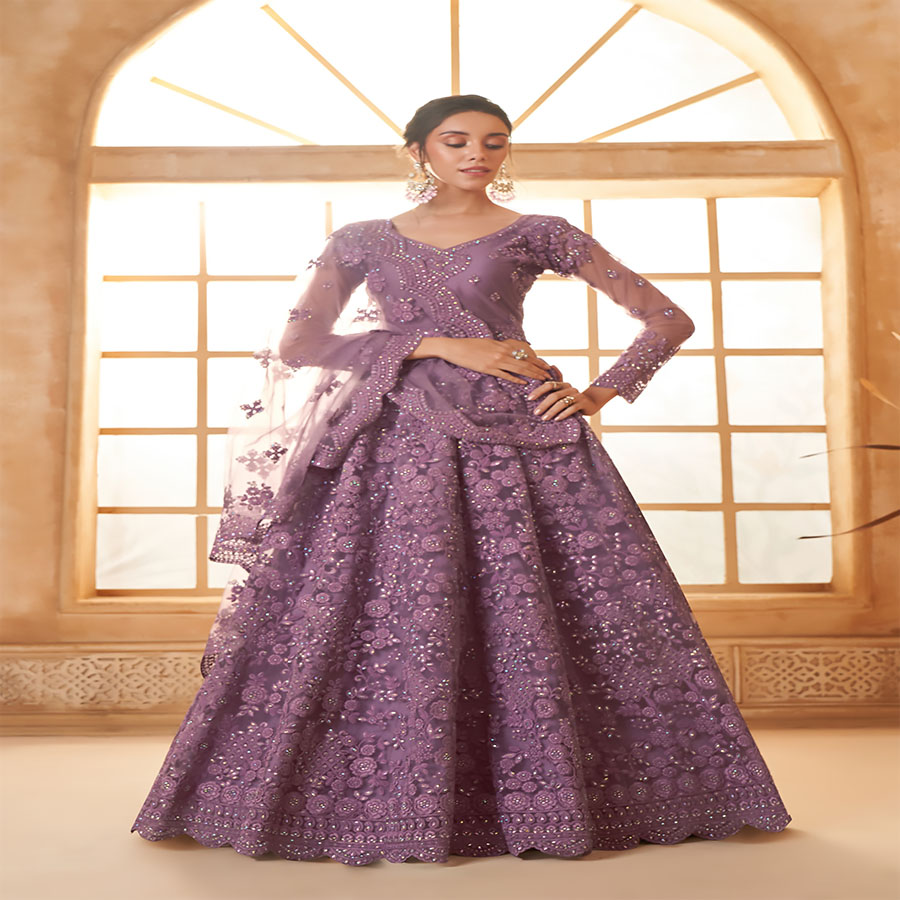 Purple Net Partywear Lehenga