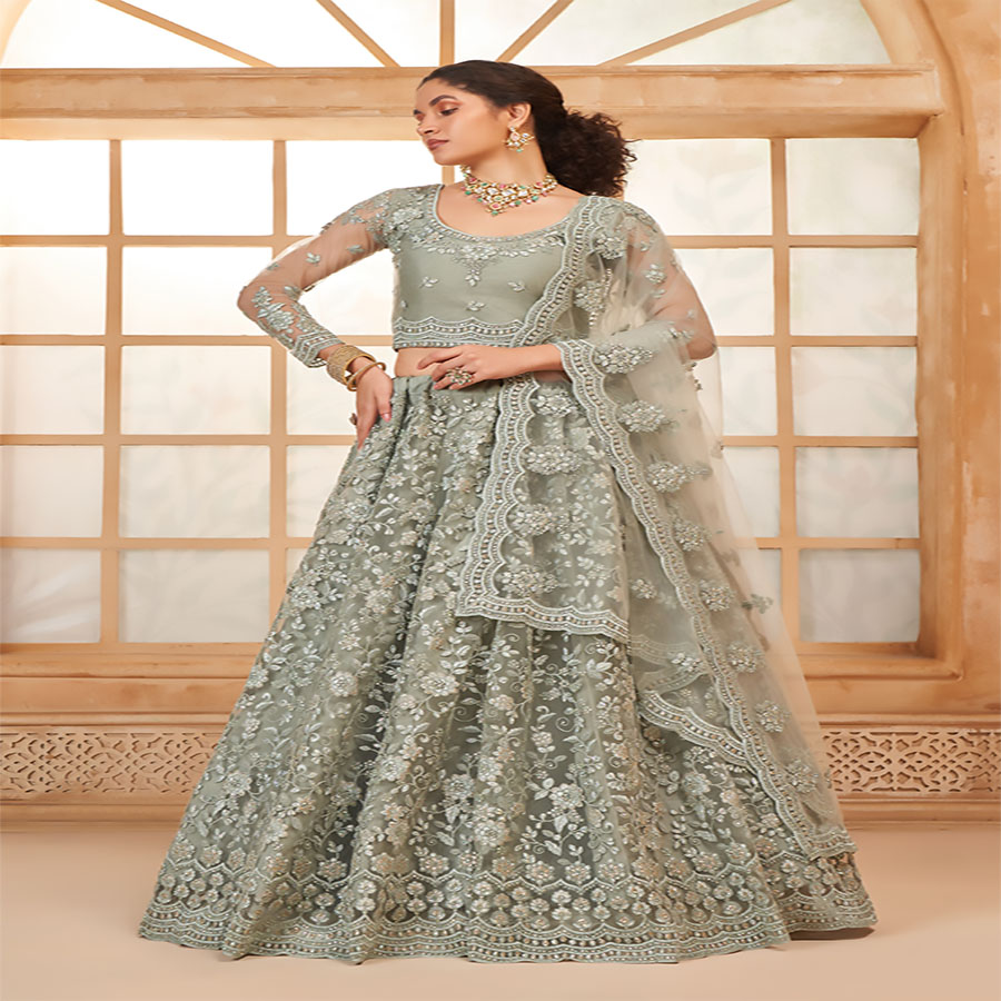 Grey Net Partywear Lehenga