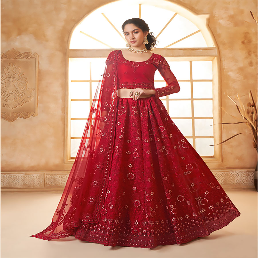 Red Net Partywear Lehenga