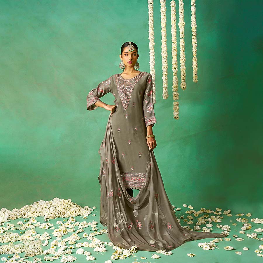 Olive Green Organza  Designer Salwar Kameez