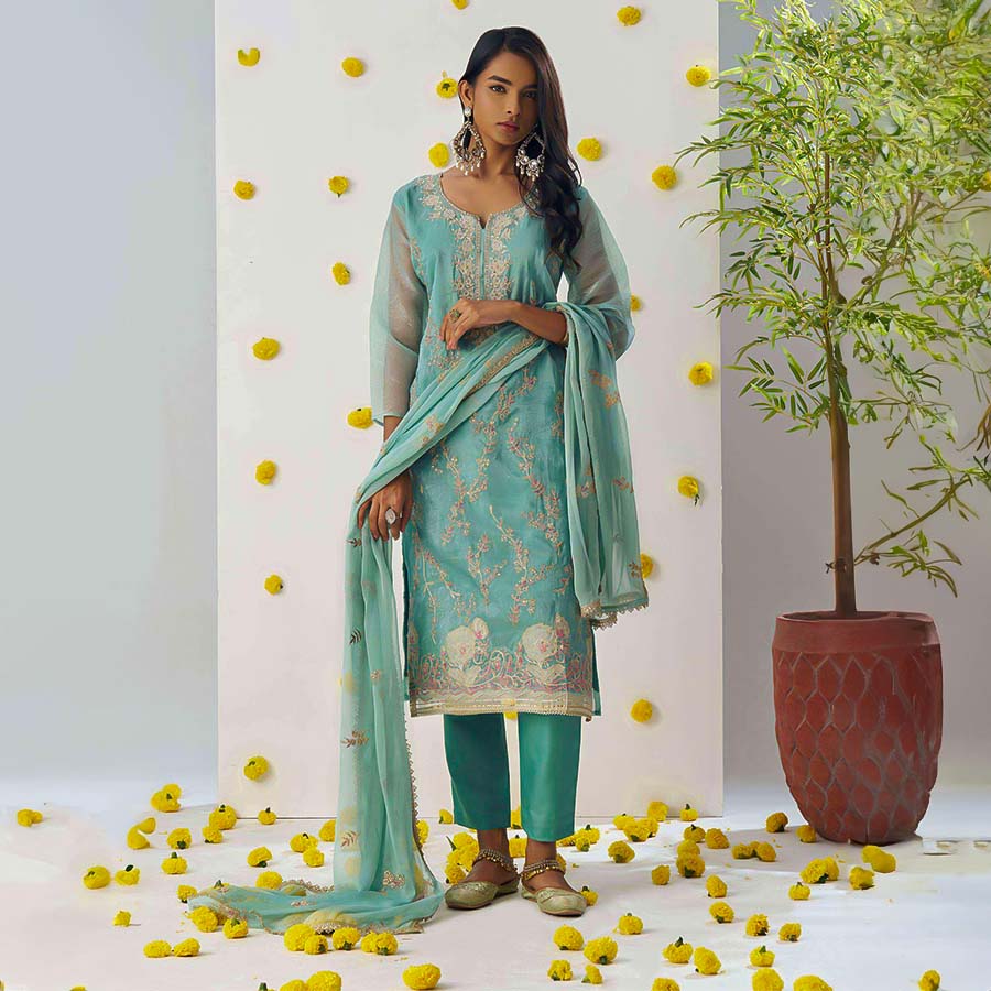 Cyan Crush Party Wear Salwar Kameez