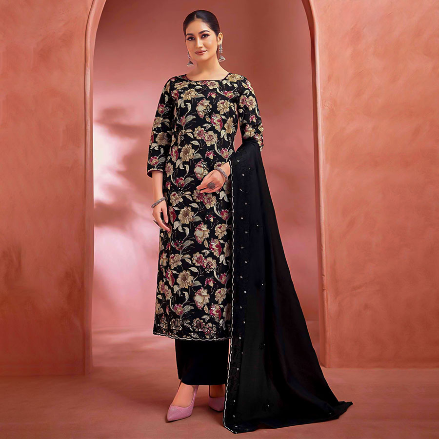 Black  Cambric Cotton Casual Wear Salwar Kameez