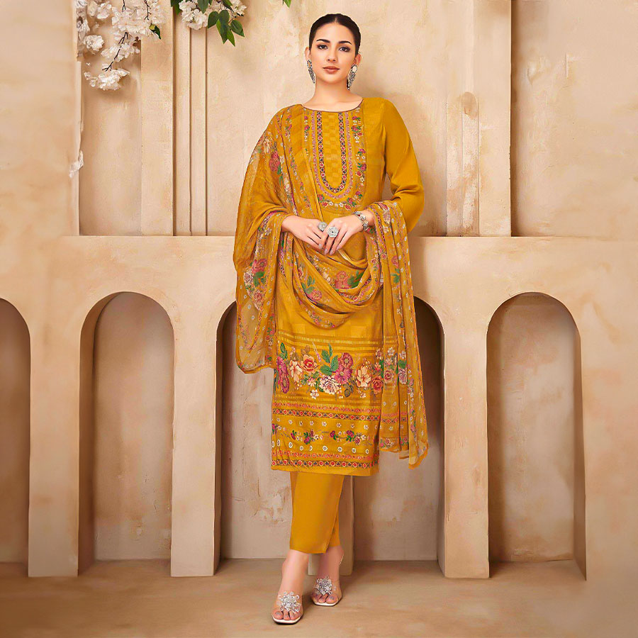 Yellow Viscose Muslin Casual Wear Salwar Kameez