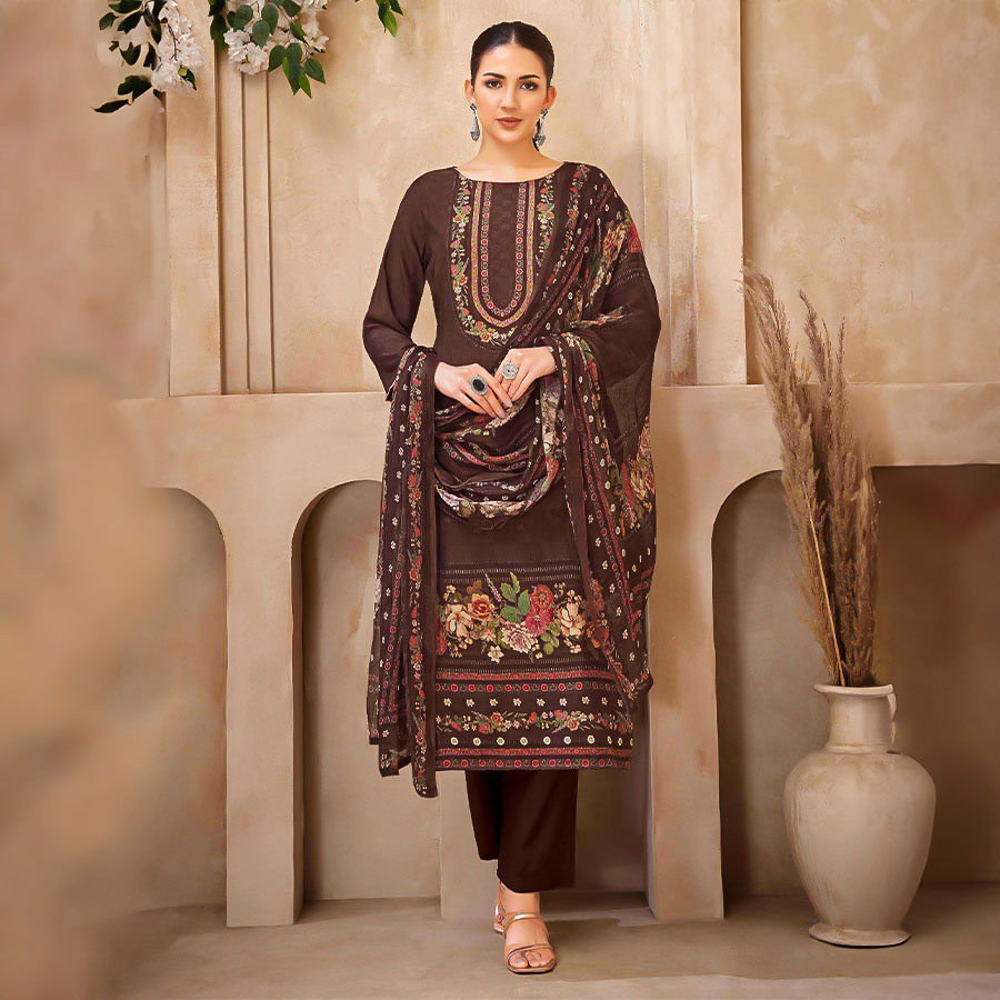 Brown Viscose Muslin Casual Wear Salwar Kameez