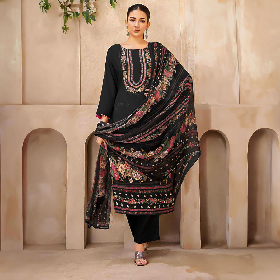 Black Viscose Muslin Casual Wear Salwar Kameez