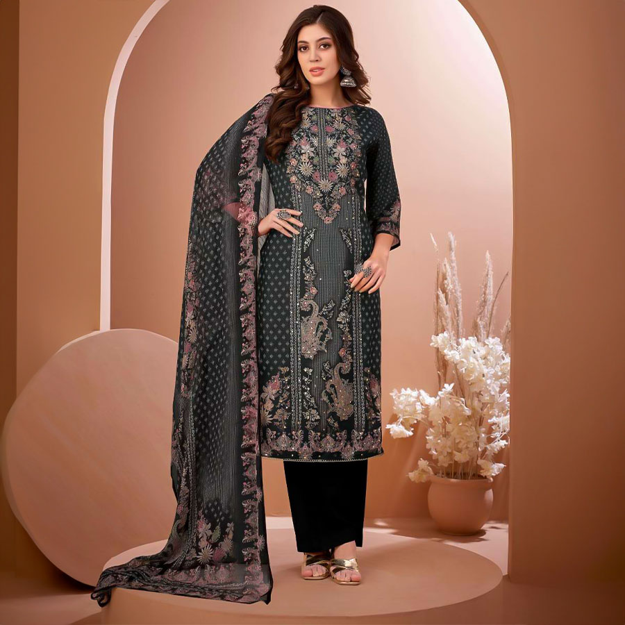 Black  Viscose Muslin Casual Wear Salwar Kameez