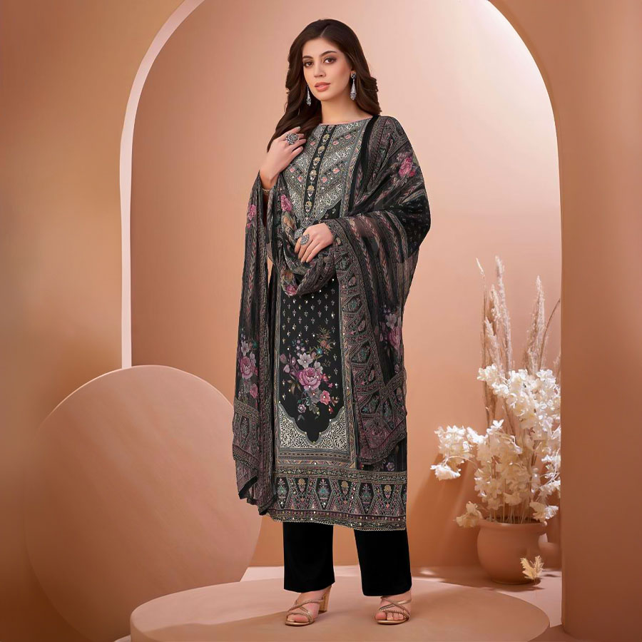Black  Viscose Muslin Casual Wear Salwar Kameez
